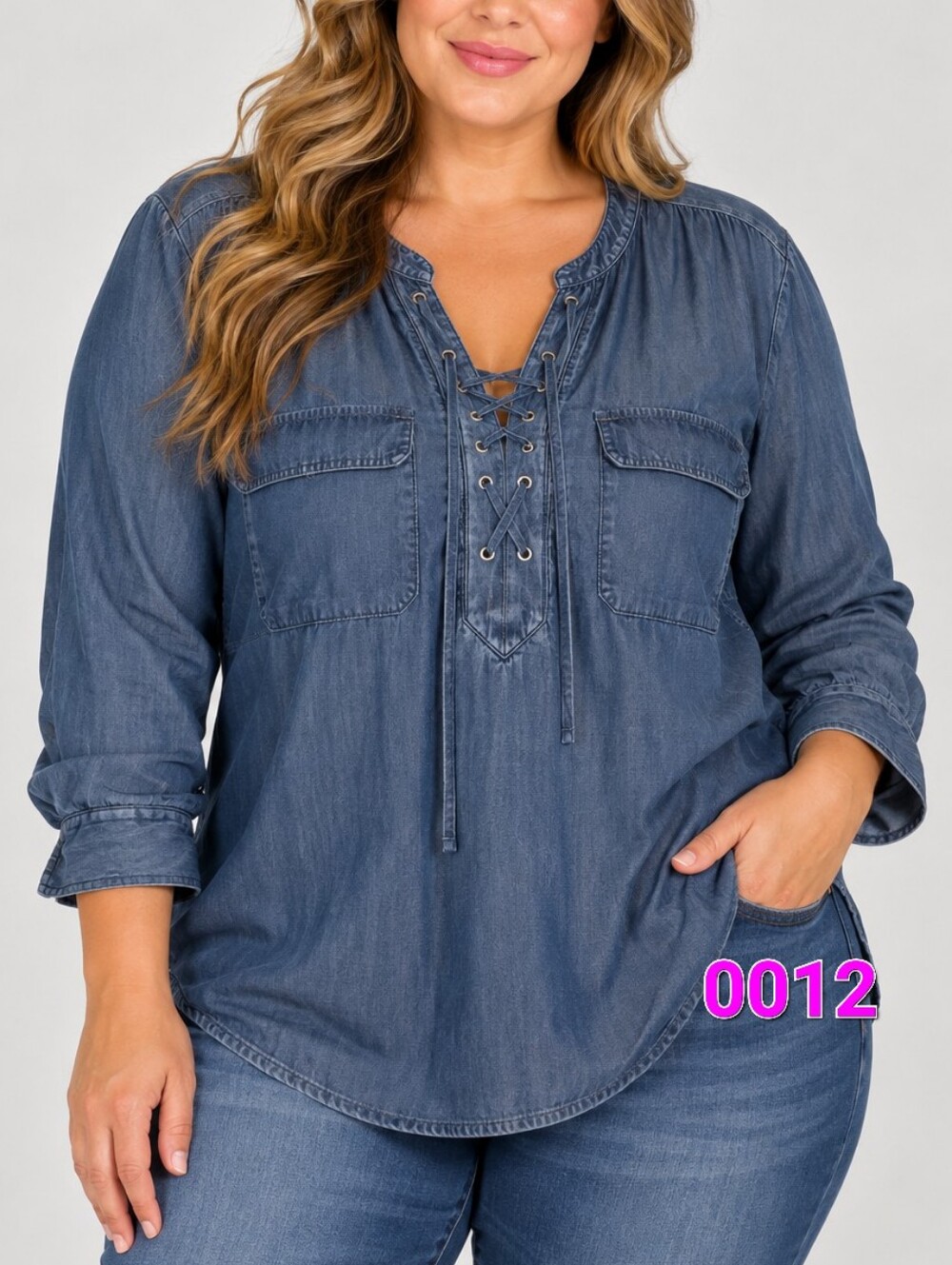 a.n.a Lace-Up Chambray Tunic in Denim Blue -XL